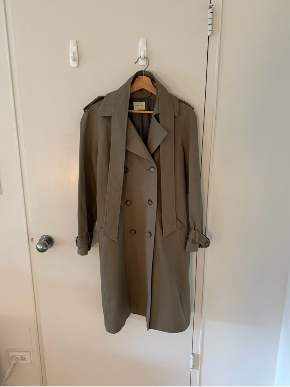Sezane Olive Trench Coat with Tie Scarf